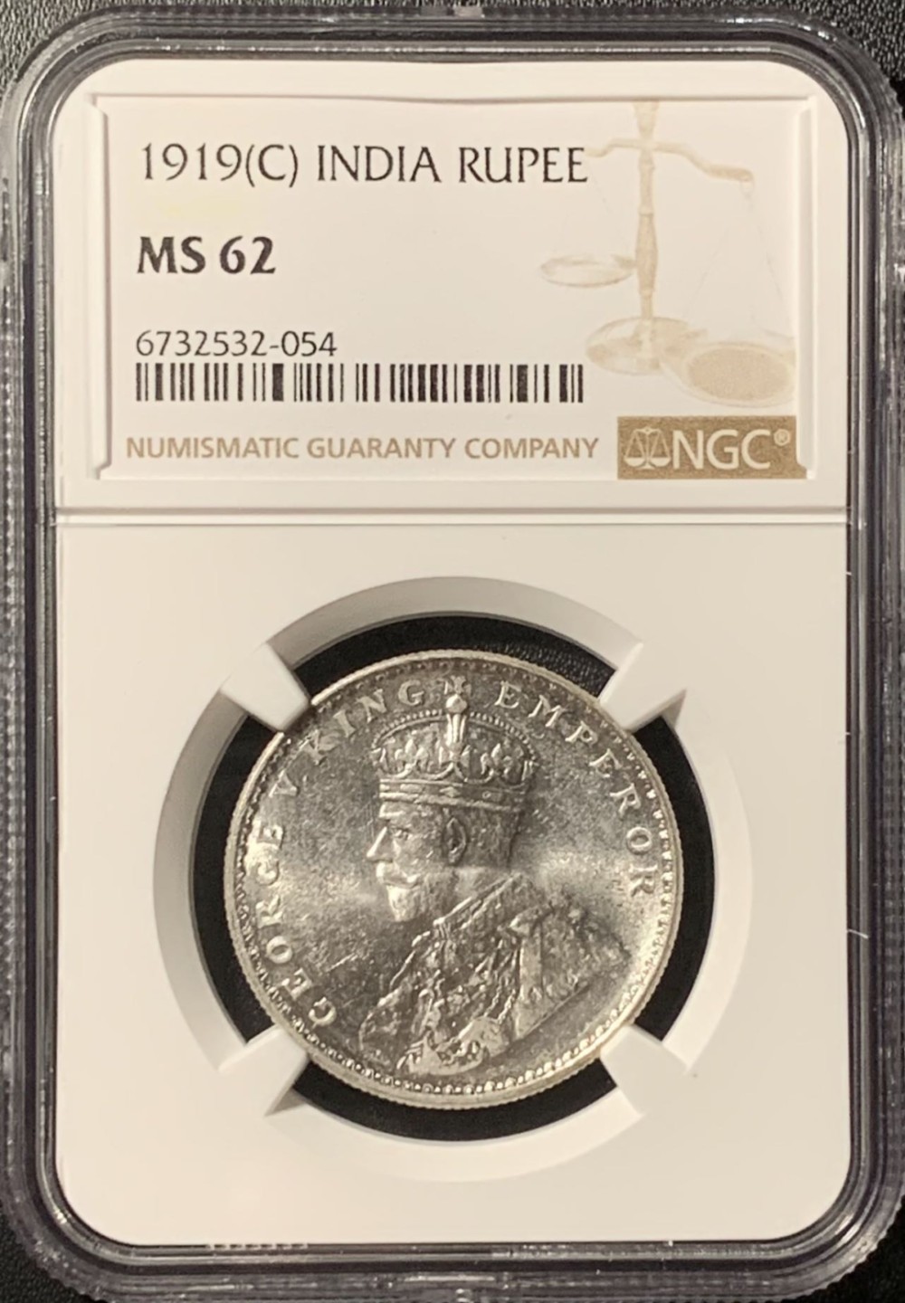 紫瑗钱币——第281期拍卖 英属印度 1919年 C版 乔治五世 1卢比 银币 NGC MS62