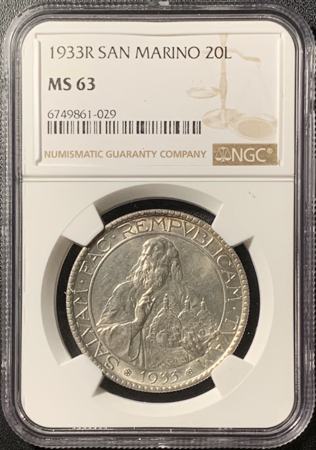 紫瑗钱币——第281期拍卖 圣马力诺 1933年 圣人托城 20里拉 银币 NGC MS63