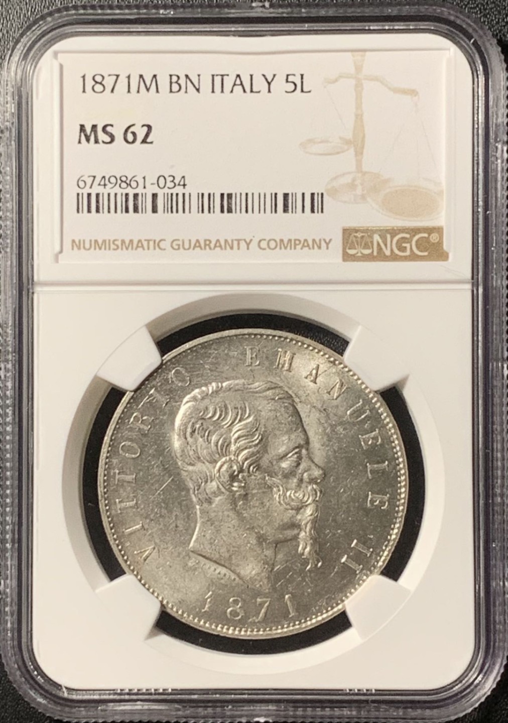 紫瑗钱币——第281期拍卖 意大利 1871年 伊曼纽尔二世 5里拉 银币 NGC MS62