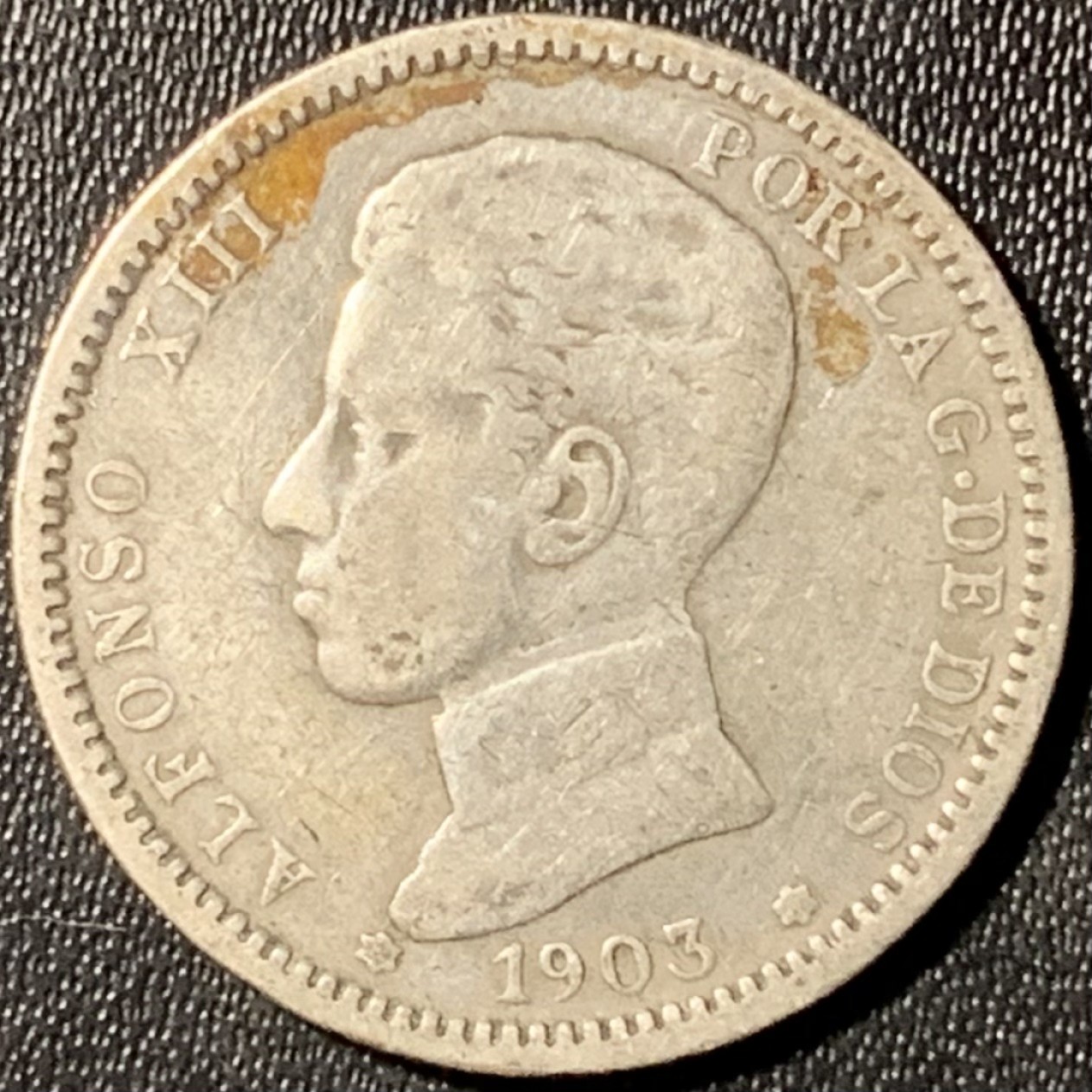 紫瑗钱币——第281期拍卖 西班牙 1903年 阿方索十三世 少年头 1比塞塔 5克 0.835银