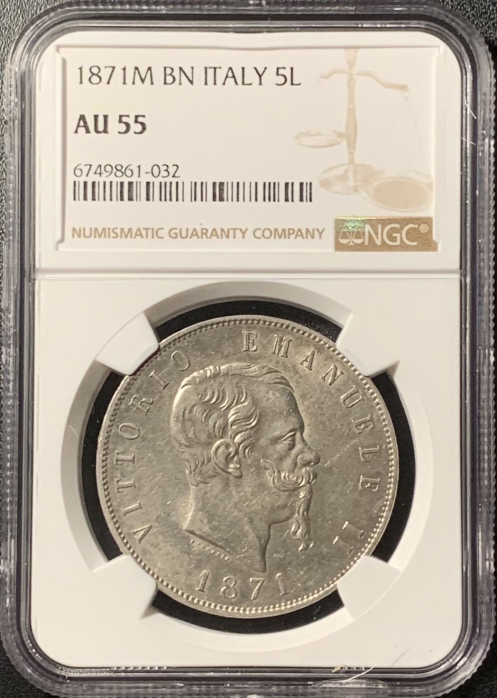 紫瑗钱币——第281期拍卖 意大利 1871年 伊曼纽尔二世 5里拉 银币 NGC AU55