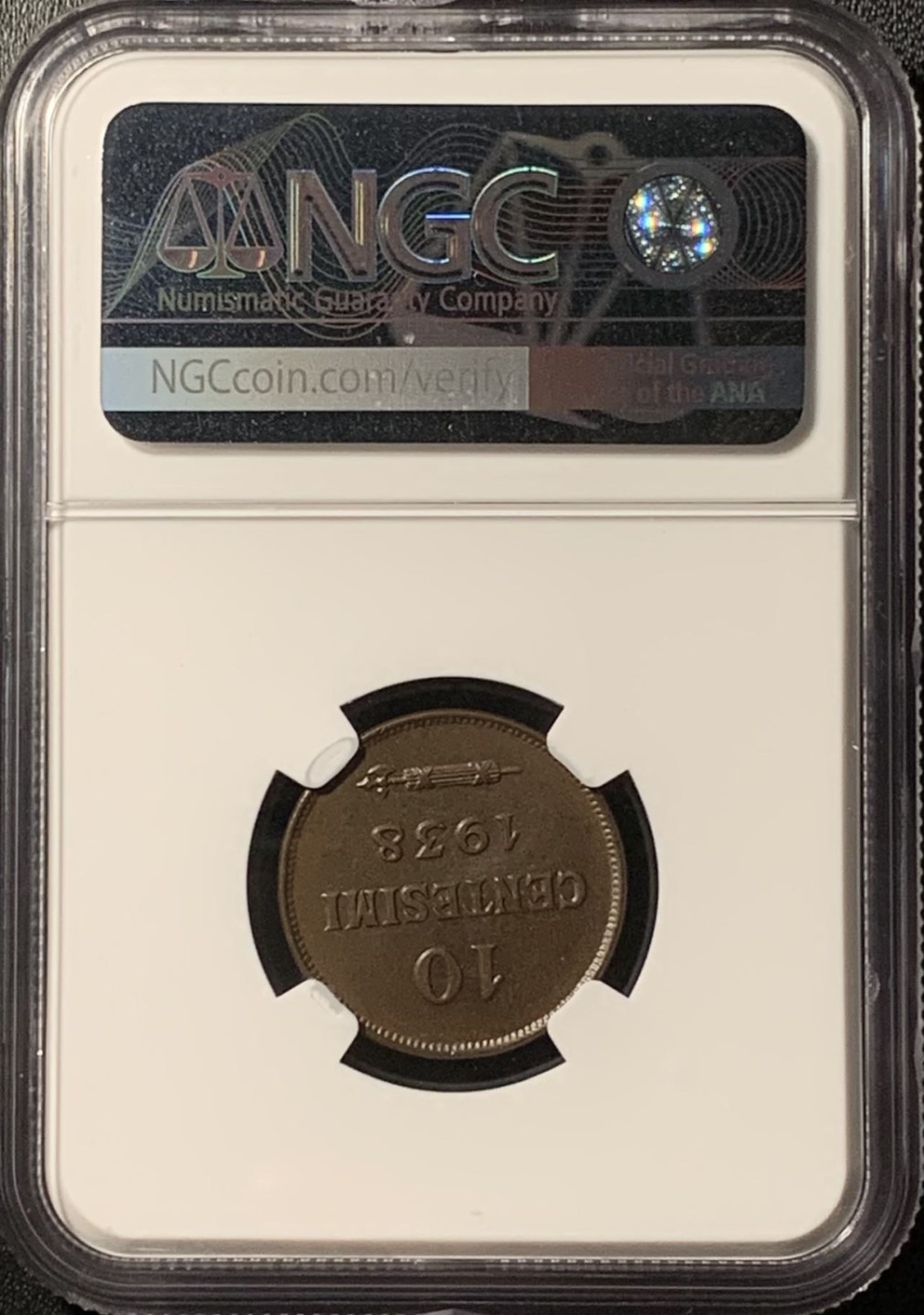 紫瑗钱币——第281期拍卖 圣马力诺 1938年 国徽 10分 铜币 NGC MS63 BN