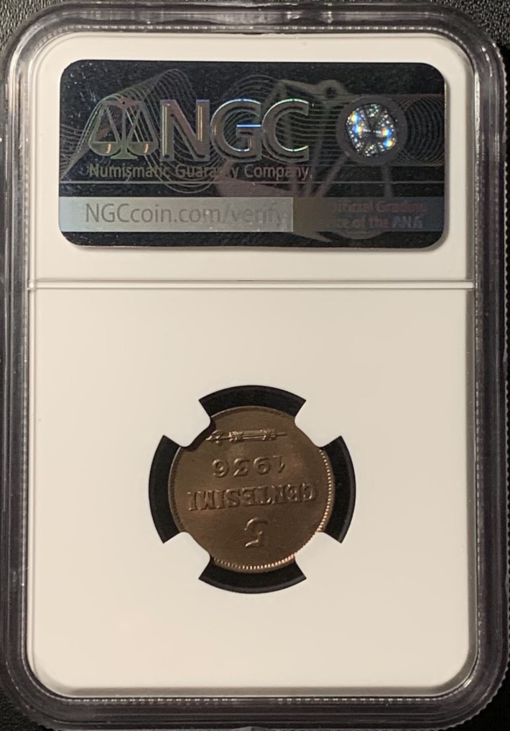紫瑗钱币——第281期拍卖 圣马力诺 1936年 国徽 5分 铜币 NGC MS64 BN