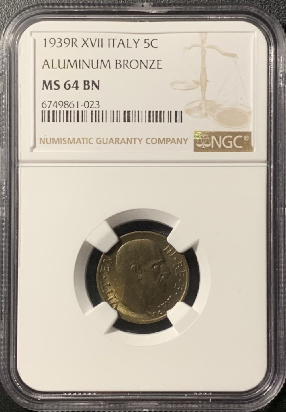 紫瑗钱币——第281期拍卖 意大利 1939年 伊曼纽尔三世 5分 铜币 NGC MS64 BN