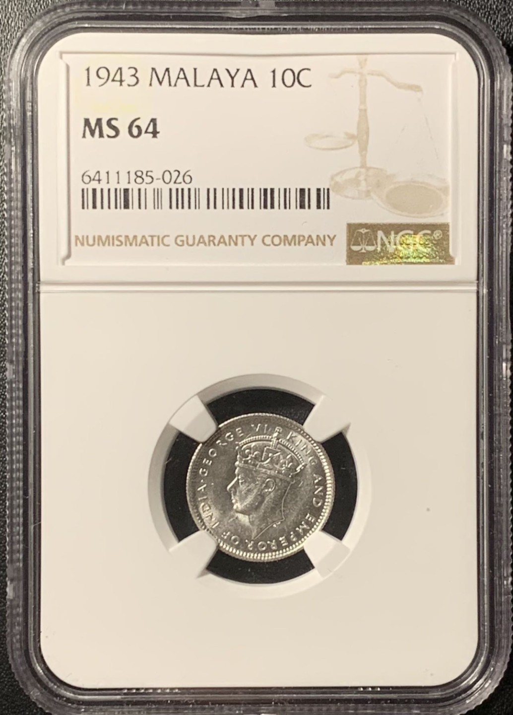 紫瑗钱币——第281期拍卖 马来亚 1943年 乔治六世 10分 银币 NGC MS64