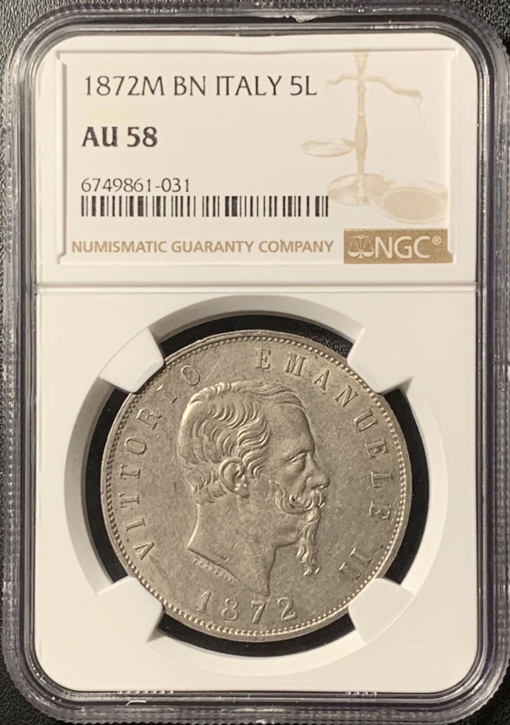 紫瑗钱币——第281期拍卖 意大利 1872年 伊曼纽尔二世 5里拉 银币 NGC AU58