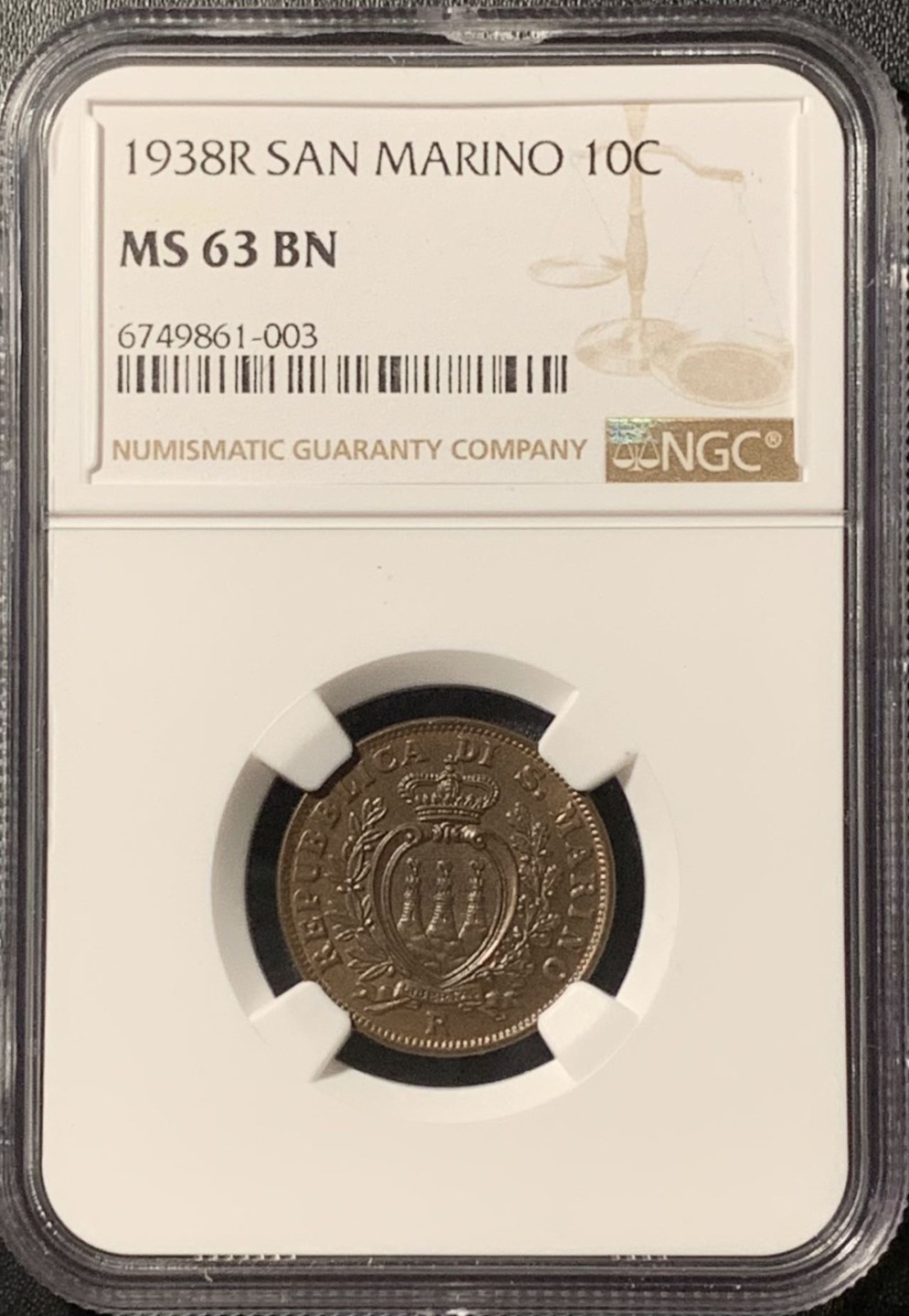 紫瑗钱币——第281期拍卖 圣马力诺 1938年 国徽 10分 铜币 NGC MS63 BN