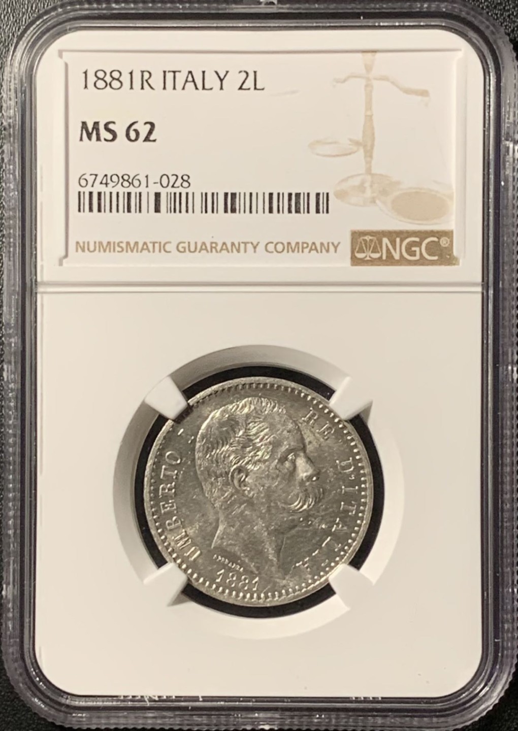 紫瑗钱币——第281期拍卖 意大利 1881年 伊曼纽尔三世 2里拉 银币 NGC MS62