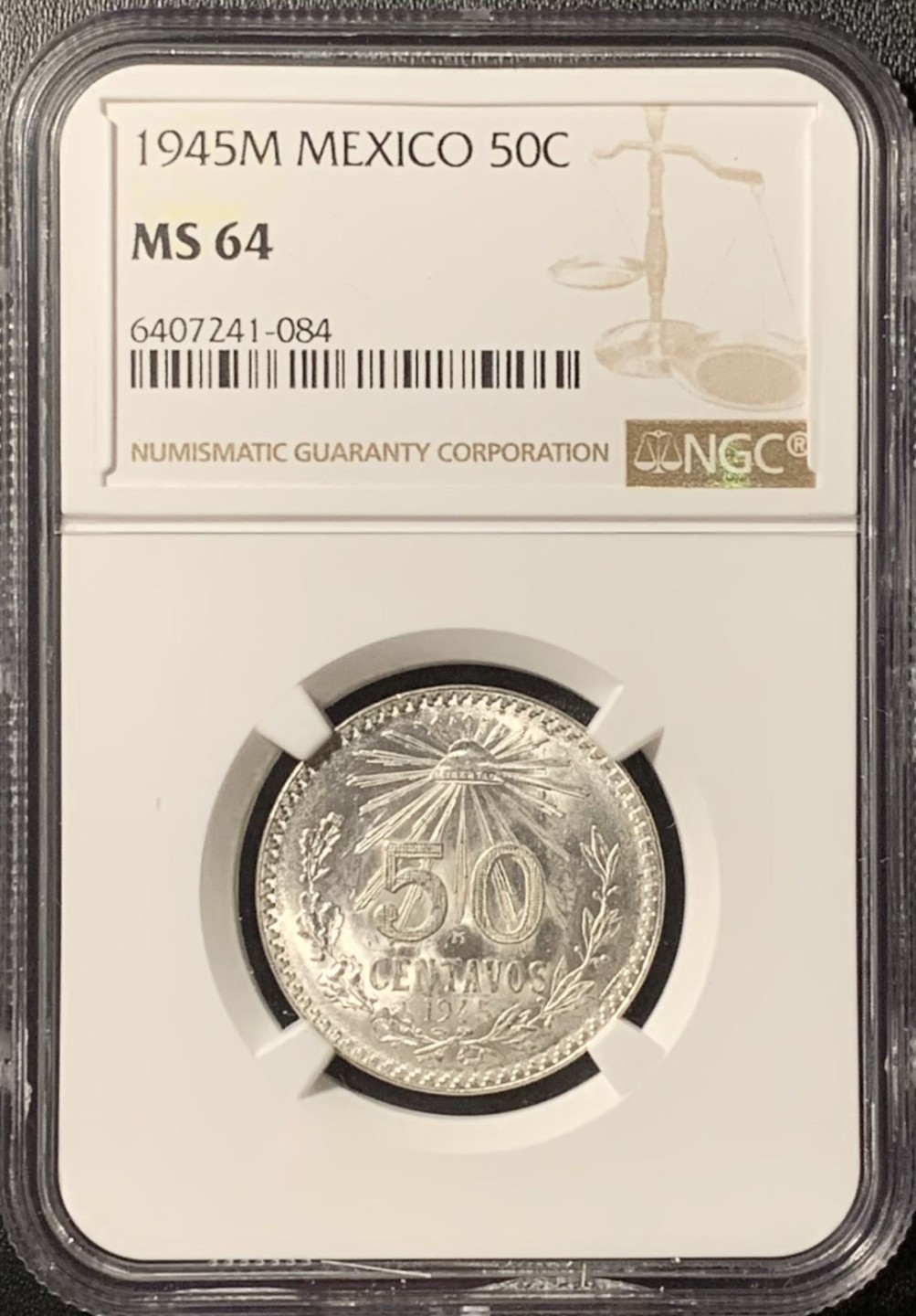 紫瑗钱币——第281期拍卖 墨西哥 1945年 M版 鹰洋 50分 银币 NGC MS64