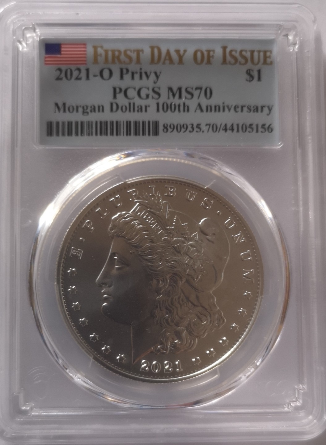 长老汇第6场老银币拍卖 美国2021年O记摩根1美元银币，PCGS MS70分，原盒证，全球发行175000枚，非常畅销，从美国购入买入价+运费+关税已经3600元