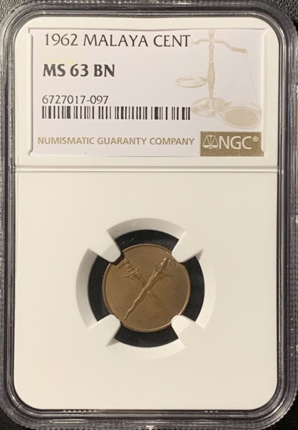 紫瑗钱币——第281期拍卖 马来亚 1962年 权杖 1分 铜币 NGC MS63 RB
