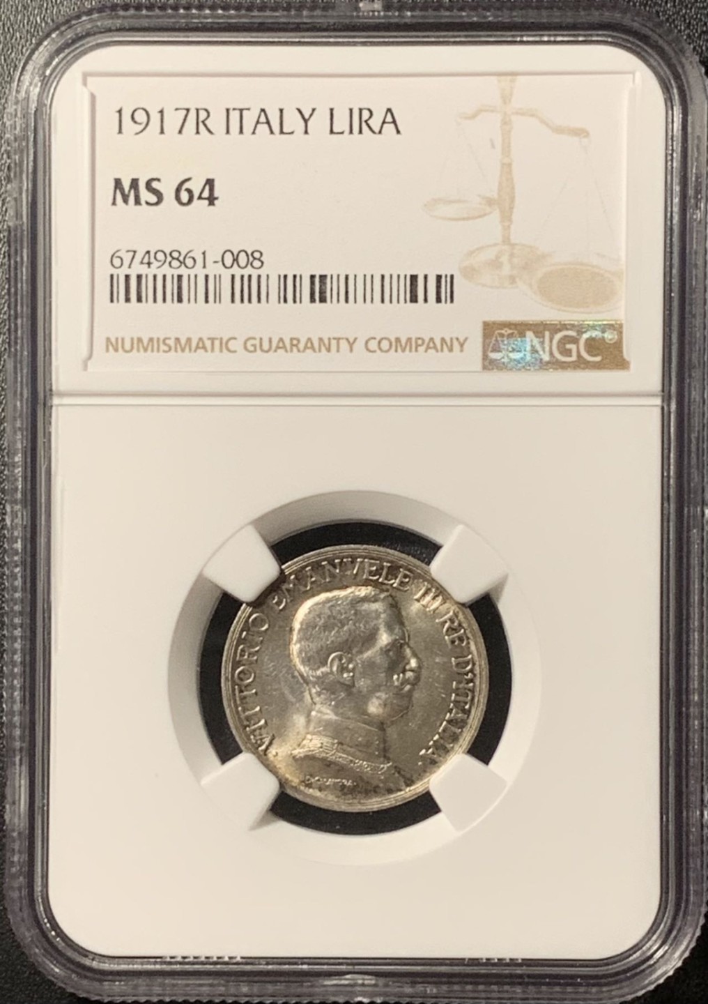 紫瑗钱币——第281期拍卖 意大利 1917年 马拉车 1里拉 银币 NGC MS64