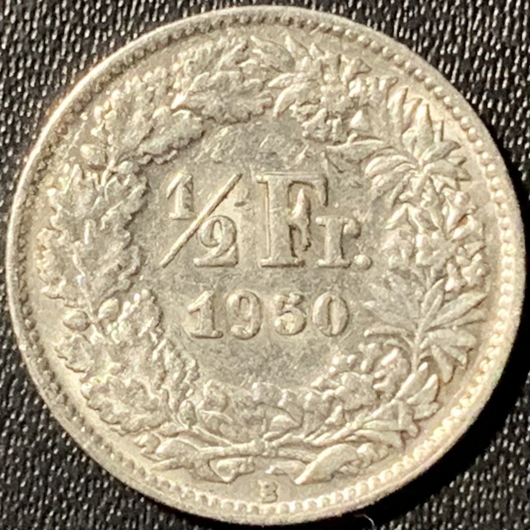 紫瑗钱币——第281期拍卖 瑞士 1950年 赫尔维蒂亚 1/2法郎 2.5克 0.835银