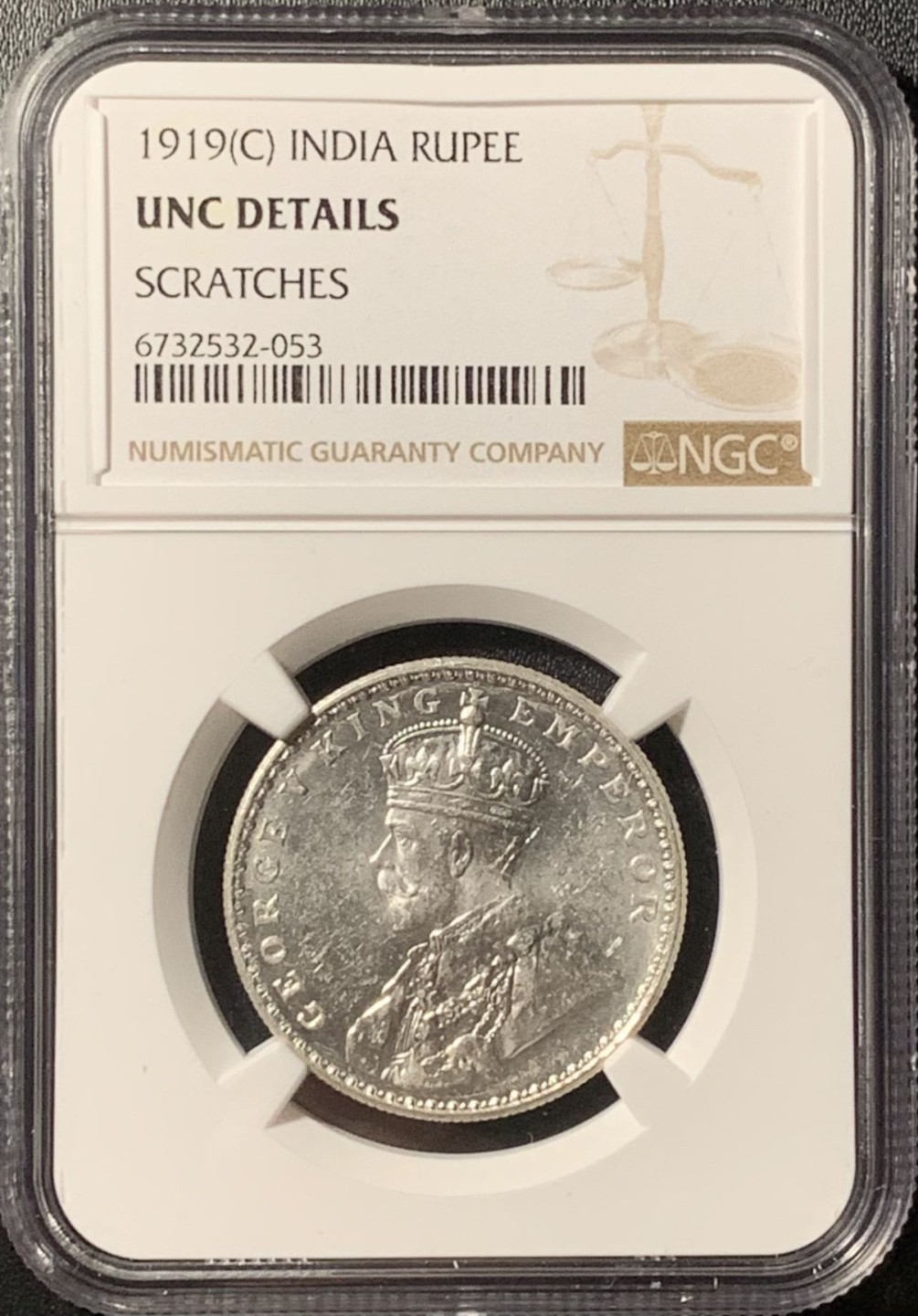 紫瑗钱币——第281期拍卖 英属印度 1919年 C版 乔治五世 1卢比 银币 NGC UNC Detail 