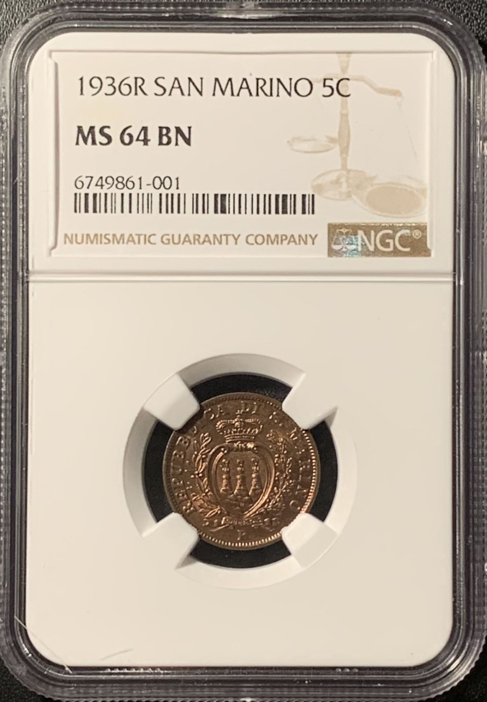 紫瑗钱币——第281期拍卖 圣马力诺 1936年 国徽 5分 铜币 NGC MS64 BN