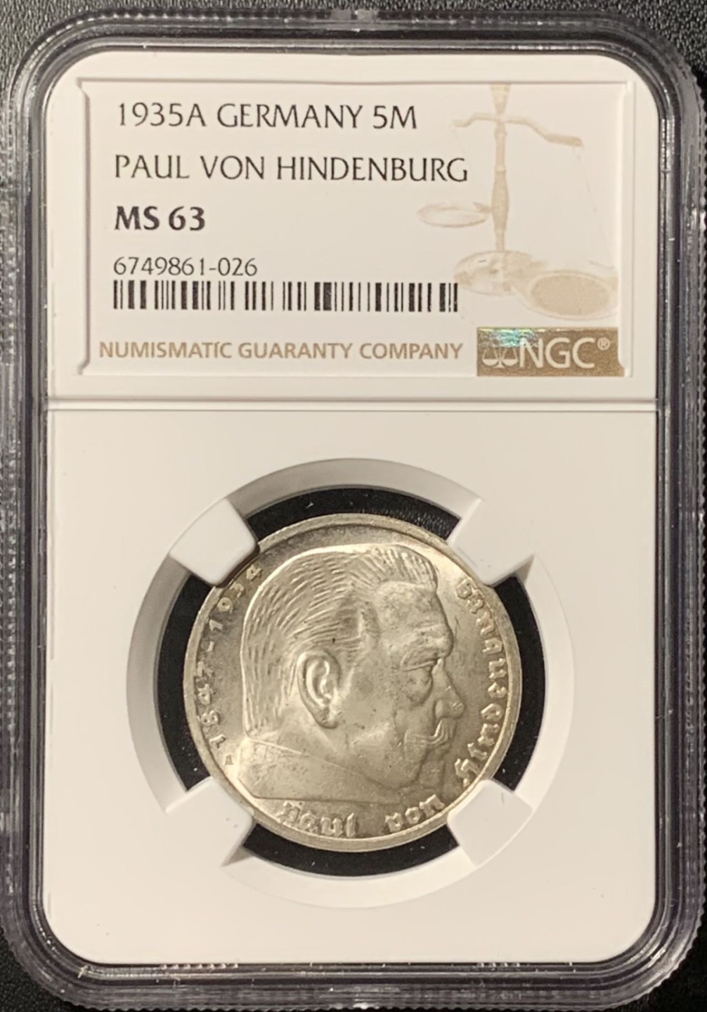 紫瑗钱币——第281期拍卖 德国 1935年 A版 兴登堡 5马克 银币 NGC MS63