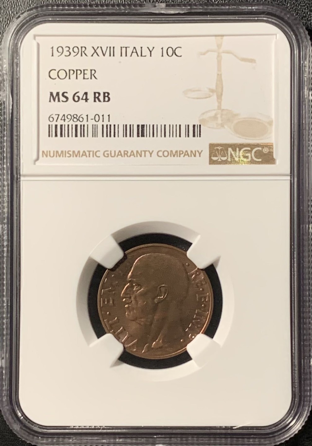 紫瑗钱币——第281期拍卖 意大利 1939年 伊曼纽埃三世 10分 铜币 NGC MS64 RB