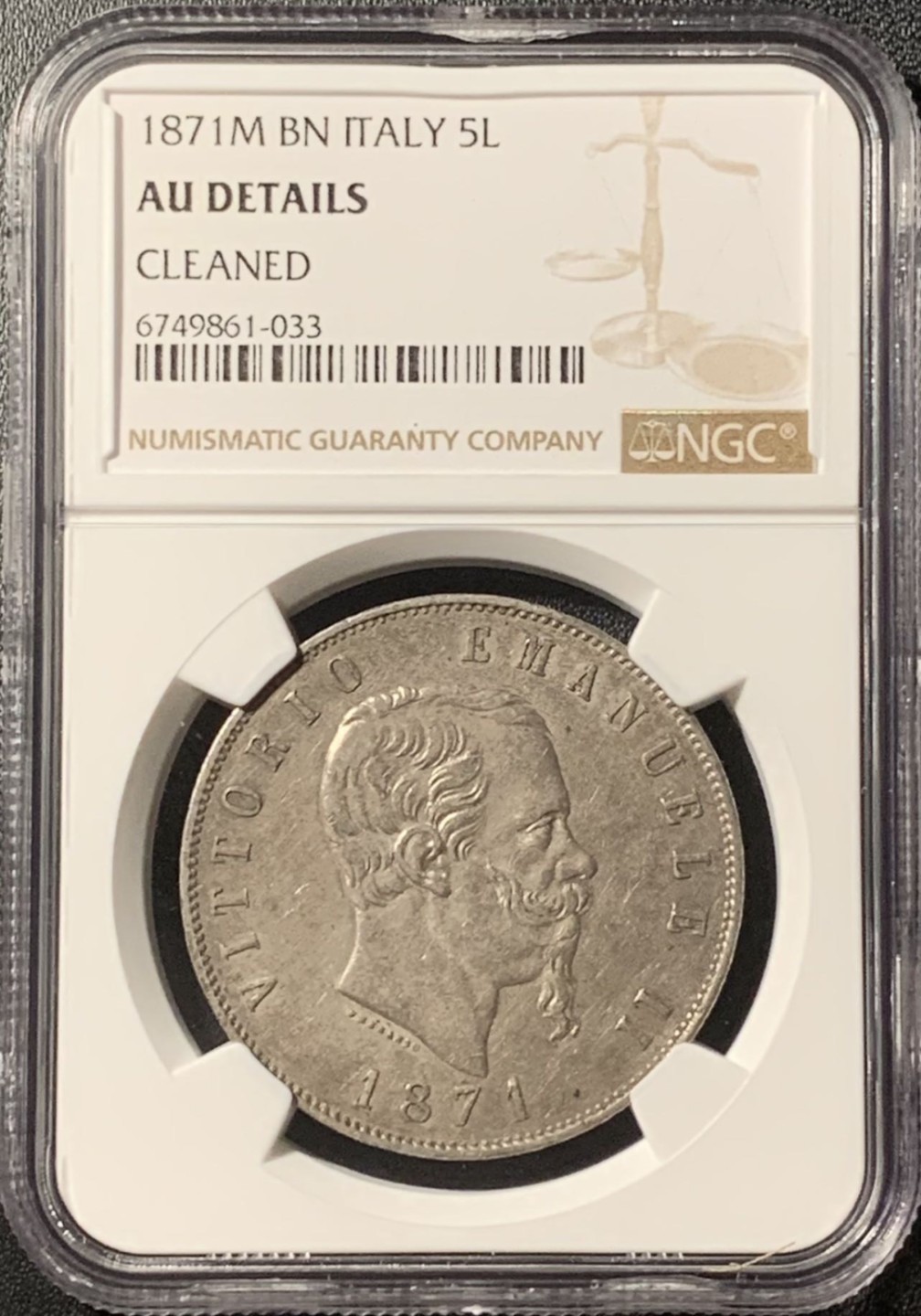 紫瑗钱币——第281期拍卖 意大利 1871年 伊曼纽尔二世 5里拉 银币 NGC AU Detail