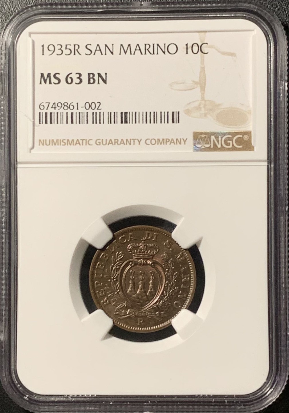 紫瑗钱币——第281期拍卖 圣马力诺 1935年 国徽 10分 铜币 NGC MS63 BN