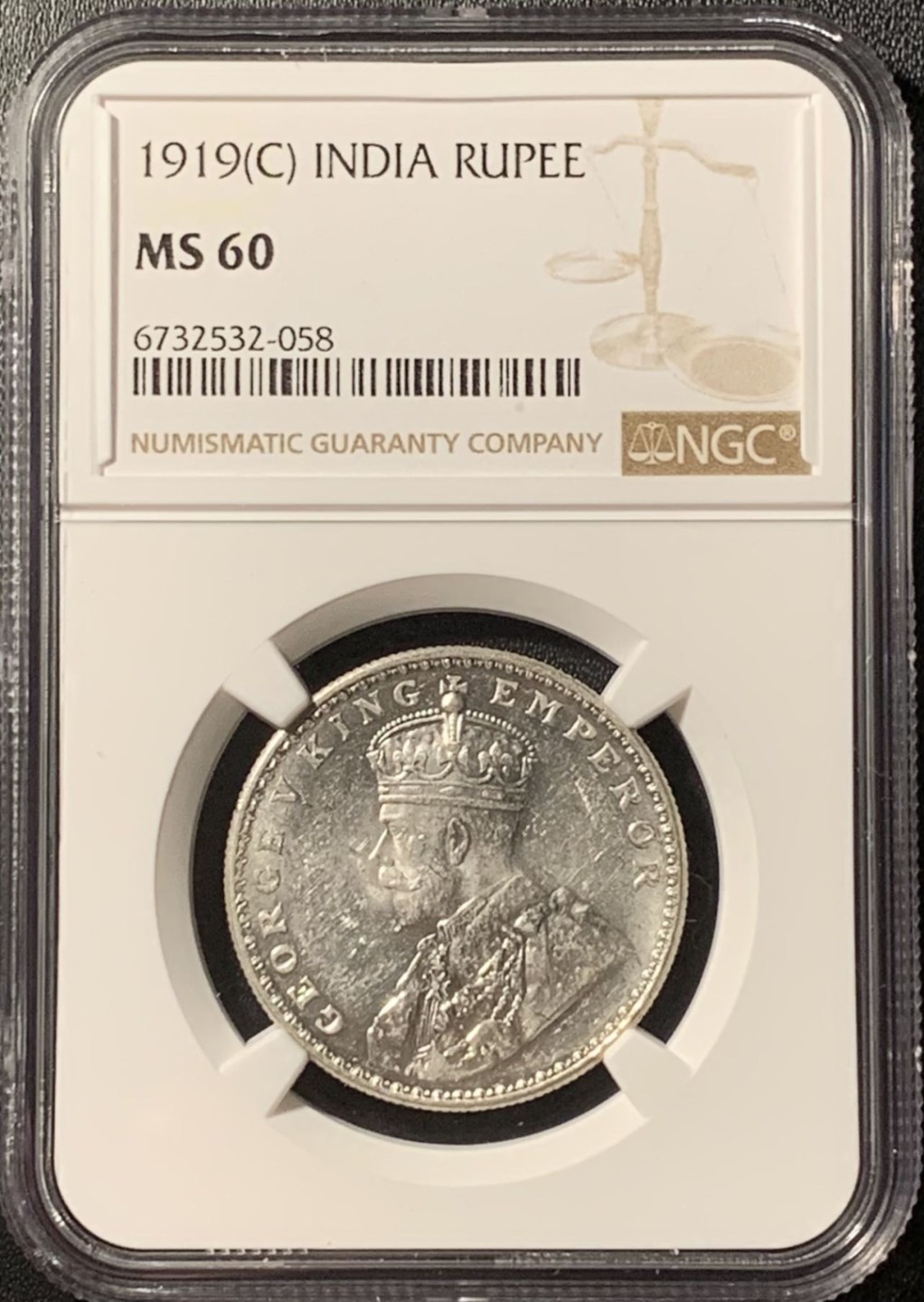 紫瑗钱币——第281期拍卖 英属印度 1919年 C版 乔治五世 1卢比 银币 NGC MS60