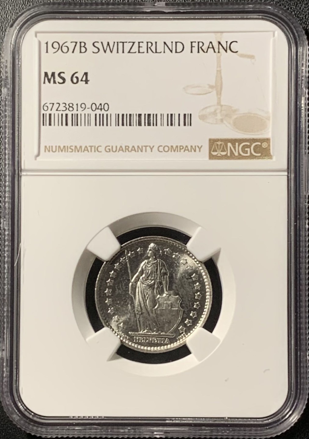 紫瑗钱币——第281期拍卖 瑞士 1967年 赫尔维蒂亚 1法郎 银币 NGC MS64