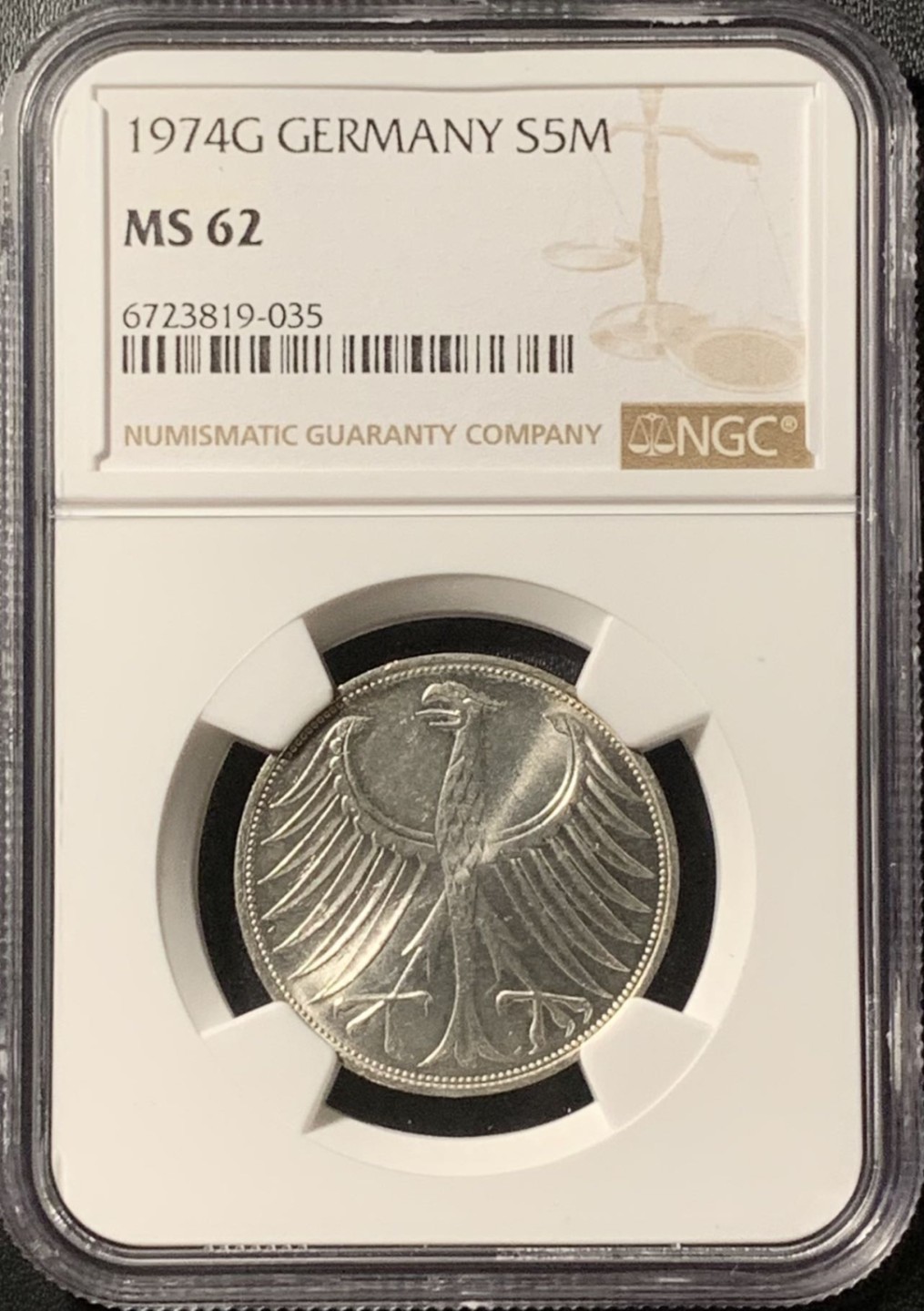 紫瑗钱币——第281期拍卖 联邦德国 1974年 鹰徽 5马克 银币 NGC MS62