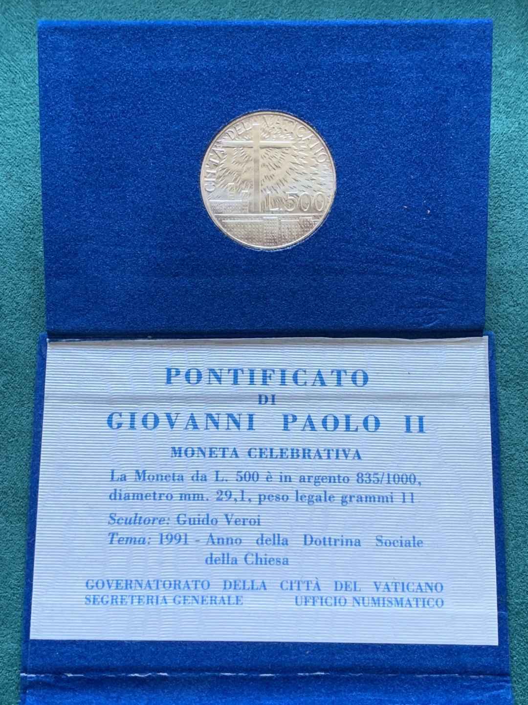《竞宝斋》第175场-周日，周一2场 (全场包邮) 梵蒂冈 1991年约翰保罗二世 500里拉银币 蓝本原装 少见