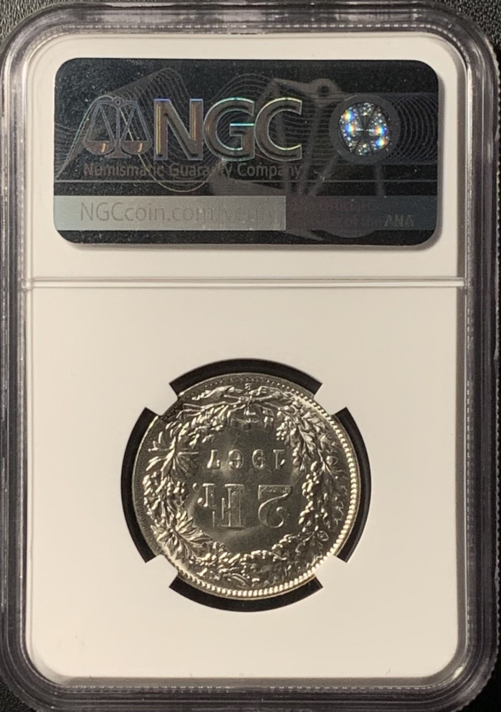 紫瑗钱币——第281期拍卖 瑞士 1967年 赫尔维蒂亚 2法郎 银币 NGC MS65