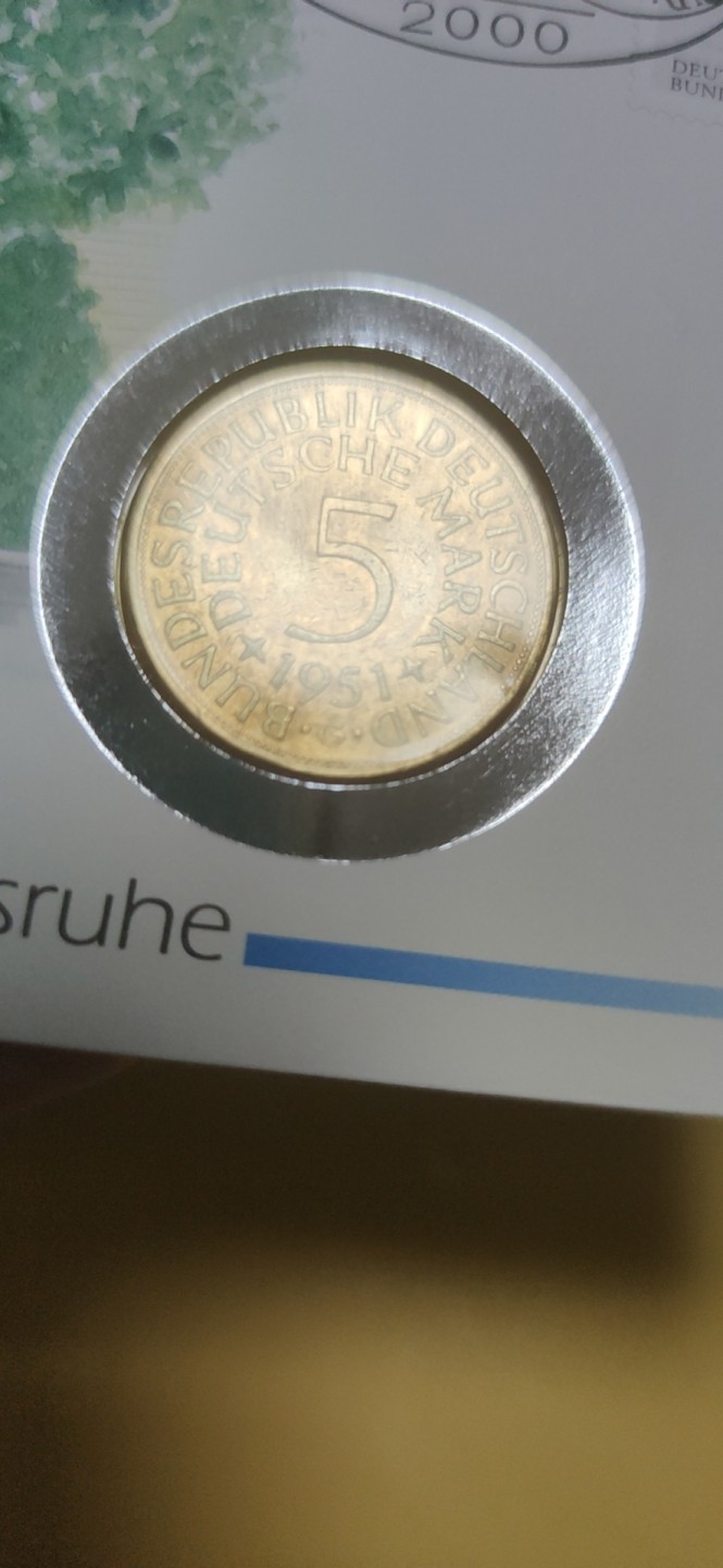 燕姐邮币封专场 1951年德国五马克金色包浆银币邮币封