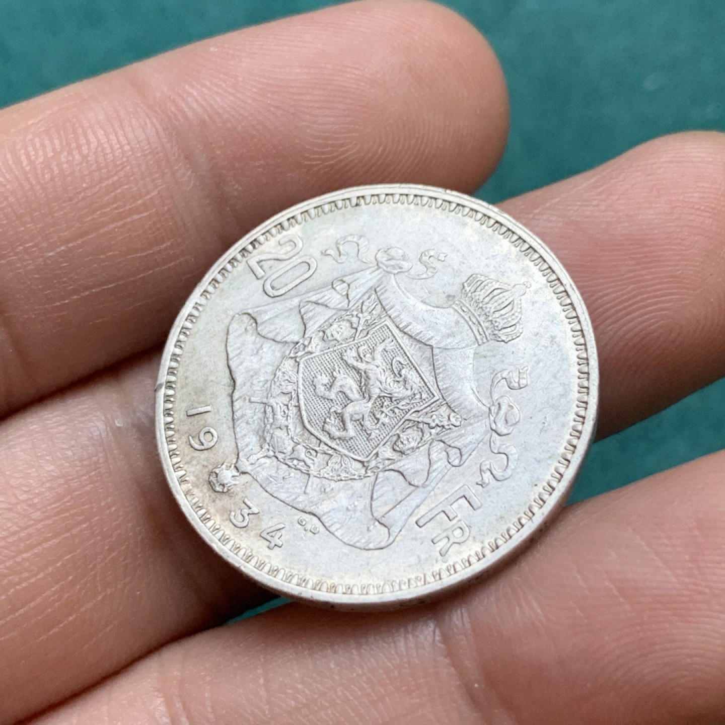 《竞宝斋》第175场-周日，周一2场 (全场包邮) 比利时1934年三任国王阿贝尔一世头像20法郎银币。680银，直径28mm，重量11g