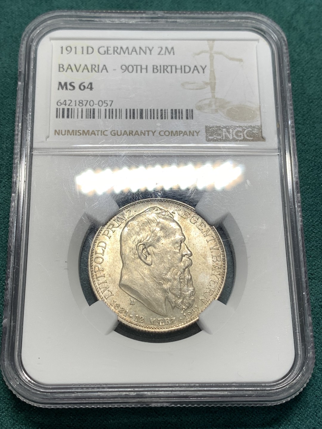 《竞宝斋》第175场-周日，周一2场 (全场包邮) NGC MS64 德国 巴伐利亚 1911年 摄政王利奥波德 90大寿纪念 2马克银币 状态非常好