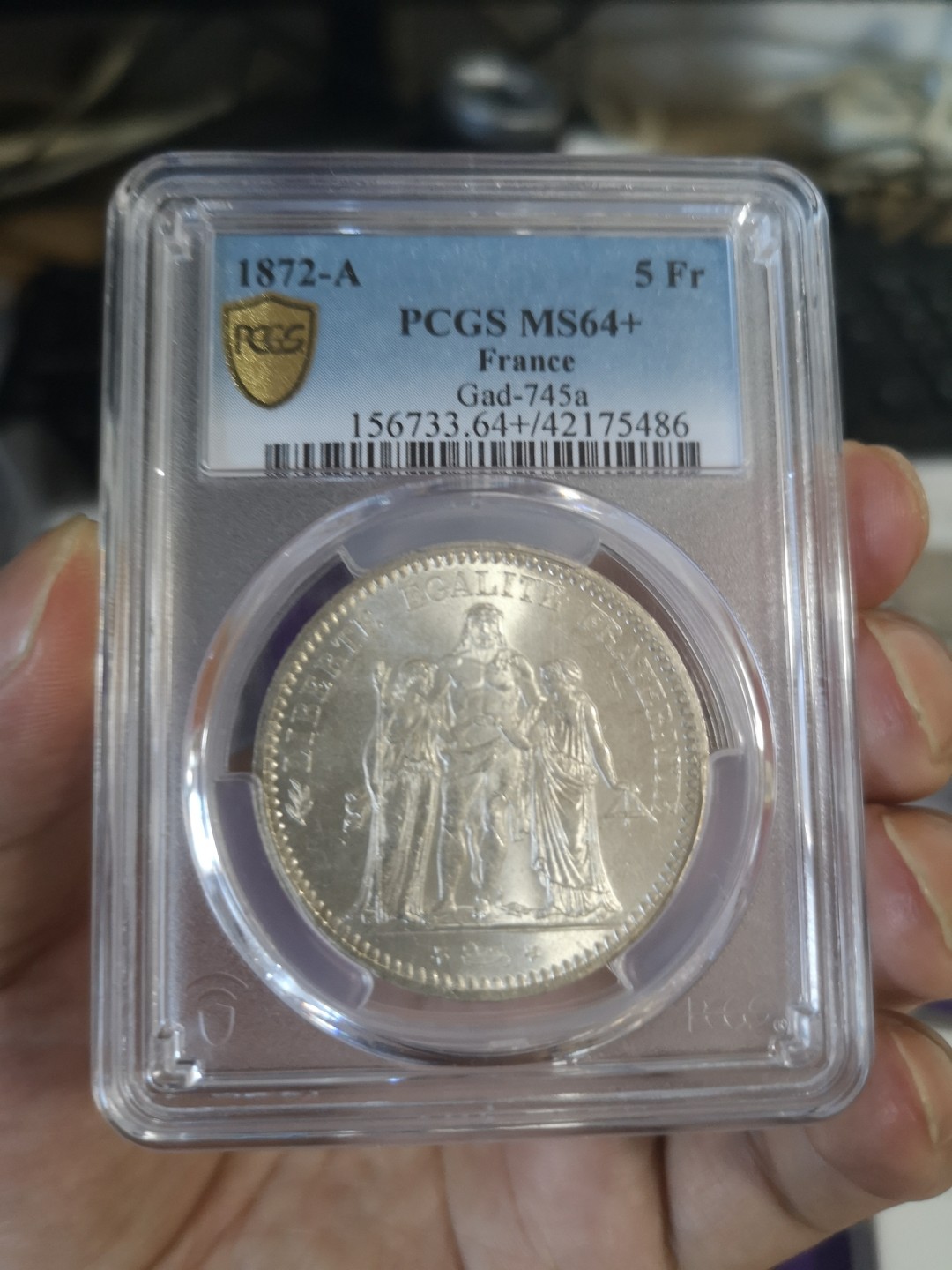长老汇第7场精品老银币系列 法国1872A大力神5法郎银币，PCGS MS64+，亚军分，特年