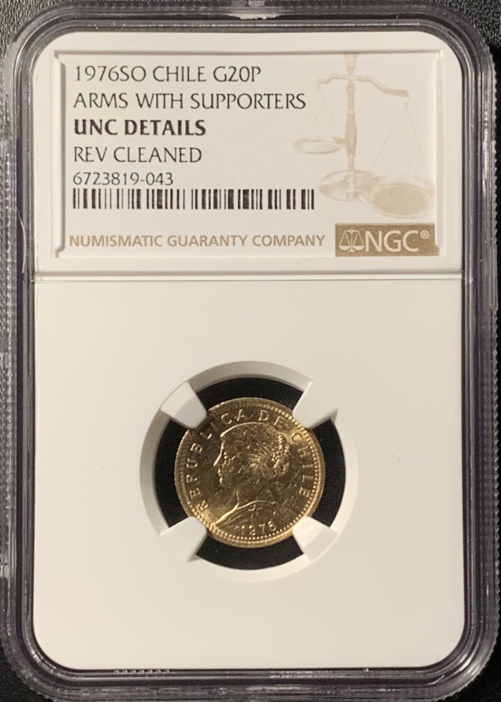 紫瑗钱币——第281期拍卖 智利 1976年 女神 20比索 金币 NGC UNC Detail
