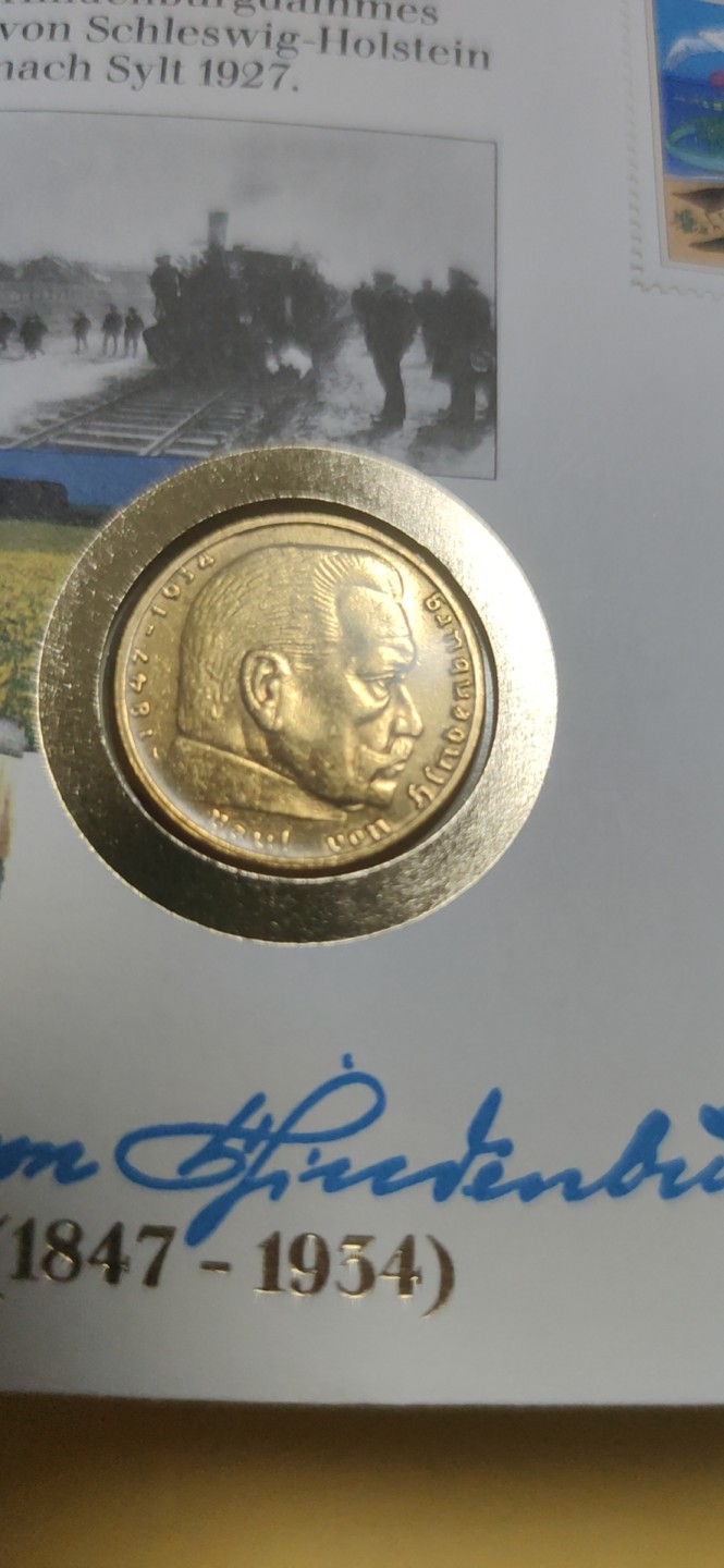 燕姐邮币封专场 1937年德国兴登堡2马克金色包浆银币邮币封
