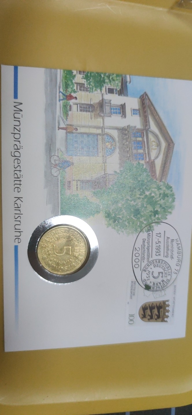 燕姐邮币封专场 1951年德国五马克金色包浆银币邮币封