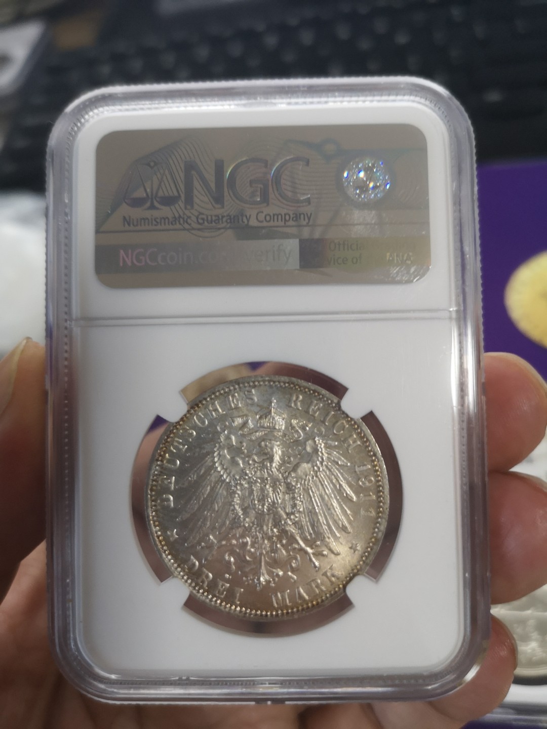长老汇第7场精品老银币系列 德国1911巴伐利亚90寿辰3马克银币，NGC MS62分，金色包浆