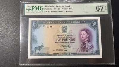 【Blue Auction】✨世界纸币精拍第334期【精】 - 【无47】罗德西亚 1964年5镑 PMG67EPQ 高分 BWC出品 戎装女王 大津巴布韦遗址