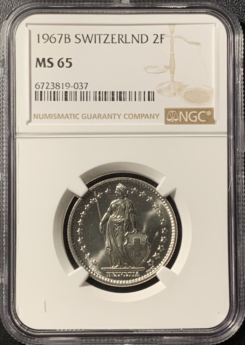 紫瑗钱币——第281期拍卖 瑞士 1967年 赫尔维蒂亚 2法郎 银币 NGC MS65