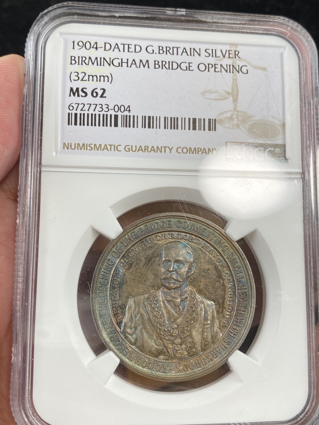 万国钱币拍卖第010期（端午仲夏之夜） NGC MS62 1904年英国爱德华七世纪念伦敦伯明翰大桥开通五彩景观银章