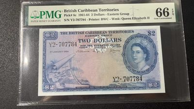 【Blue Auction】✨世界纸币精拍第334期【精】 - 【仅1张更高分】英属东加勒比 1964年2元 大冠女王 PMG66EPQ  BWC出品 精美 
