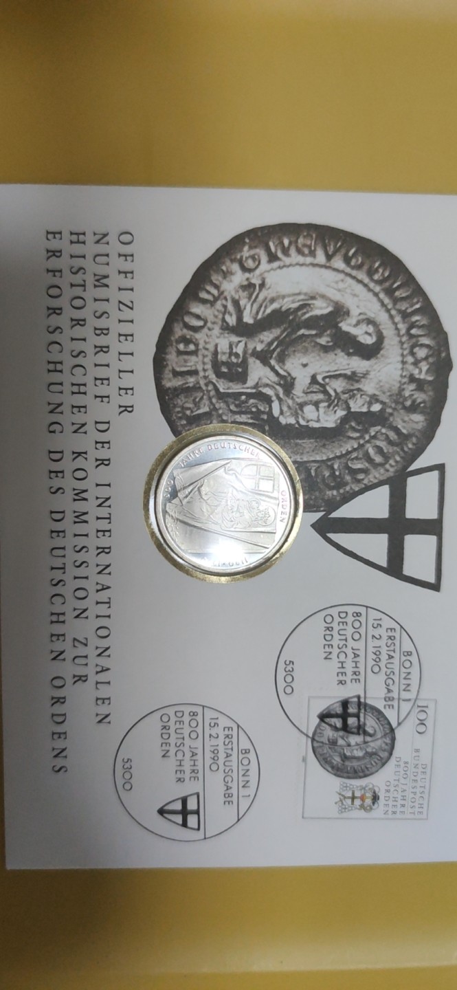 燕姐邮币封专场 1990年德国条顿骑士团800周年十马克银币邮币封