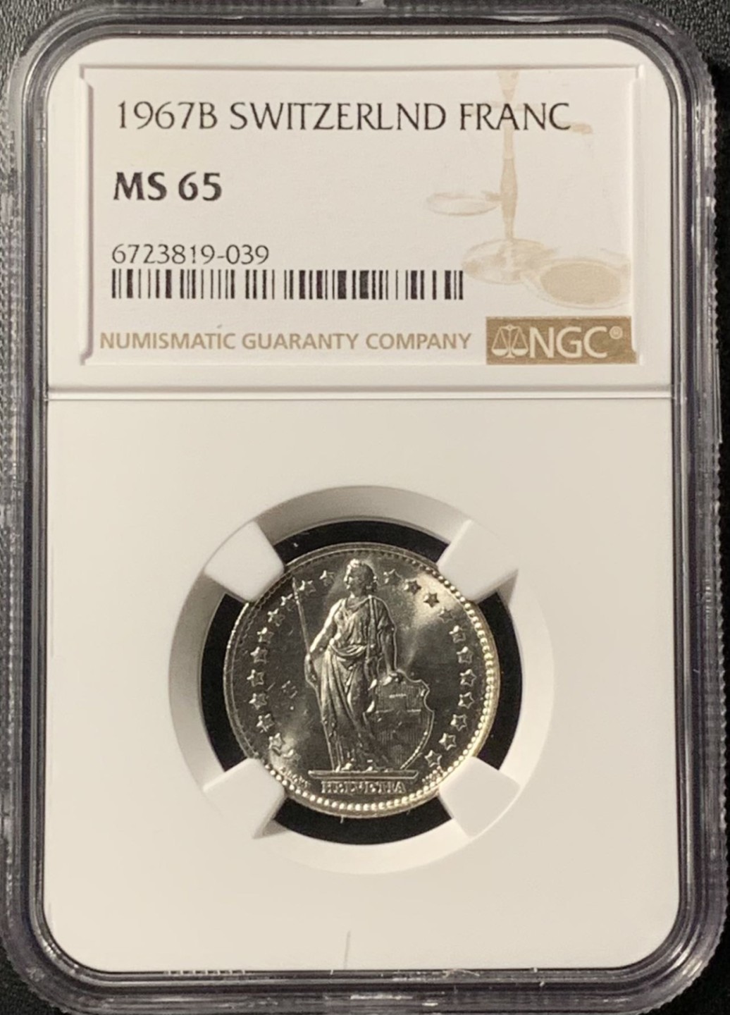 紫瑗钱币——第281期拍卖 瑞士 1967年 赫尔维蒂亚 1法郎 银币 NGC MS65