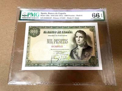 【Blue Auction】✨第335期——西班牙百年纸币专场拍卖 - 【Top Pop】Spain 1949，1000Pesetas，p138a，PMG66EPQ，Ramón de Santillan， "El Bebedor" (by Goya)，VERY RARE