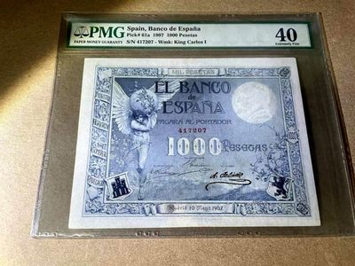 【Blue Auction】✨第335期——西班牙百年纸币专场拍卖 - Spain 1907，1000Pesetas，p61a，PMG40，Mercury with globe, shields，Allegorical woman, lion，VERY RARE