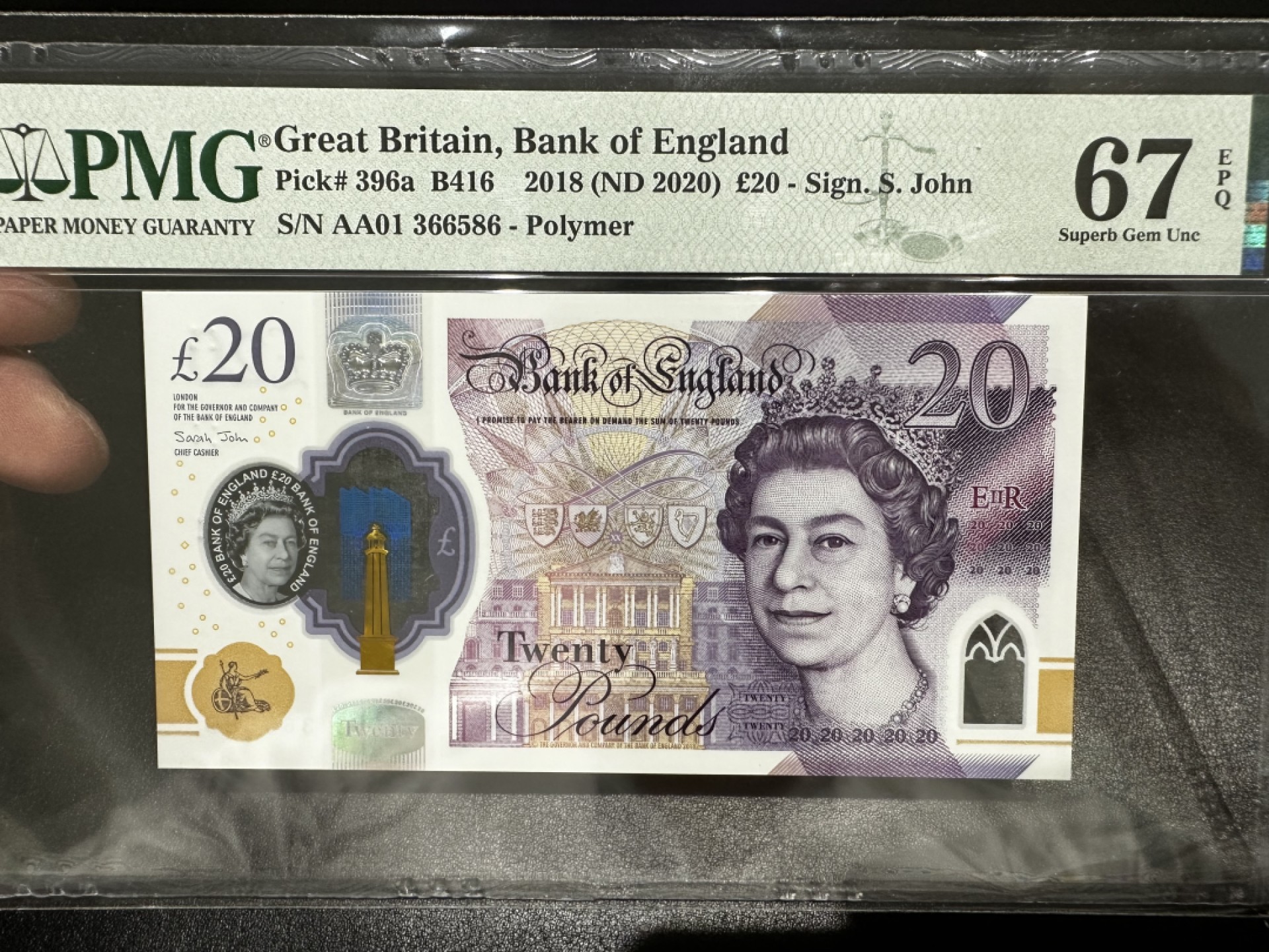 《外钞收藏家》第二百七十七期（连拍第一场） 2018年英国最新版20镑 PMG67 无47 AA01首发冠
