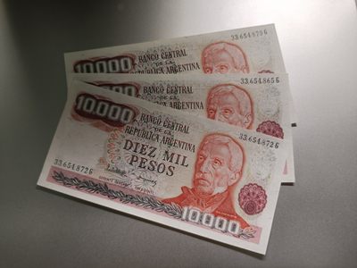 【专场20230622】热得不能再热了——热带国家/地区钞/币专场 - 【拍品004】阿根廷1976版10000比索全新UNC批量三张