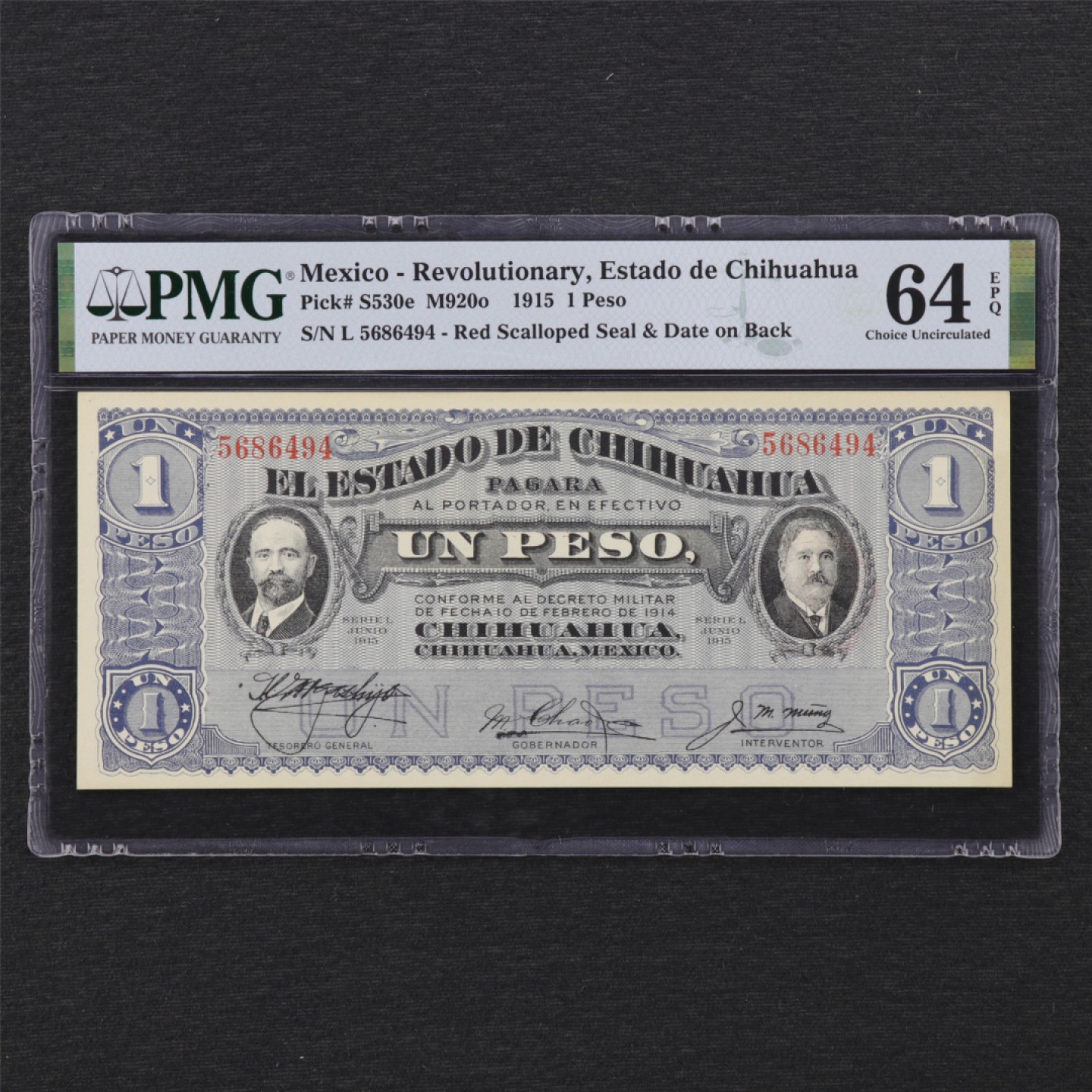 【亘邦集藏】 第162期拍卖 1915年 墨西哥1比索 PMG 64EPQ 5686494