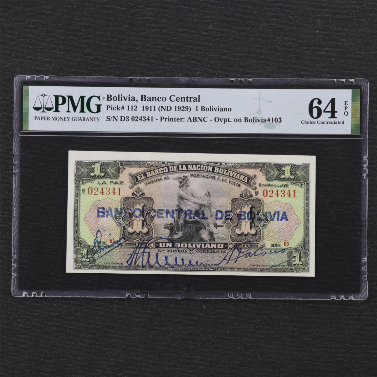 【亘邦集藏】 第162期拍卖 1911年 玻利维亚1诺 PMG 64EPQ 024341