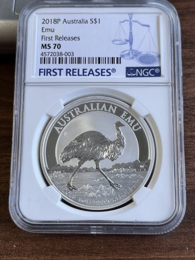 【海寕潮】年中大拍 - 【海寧潮A】澳大利亚2018年鸵鸟1盎司纪念银币NGC-MS70首期蓝标