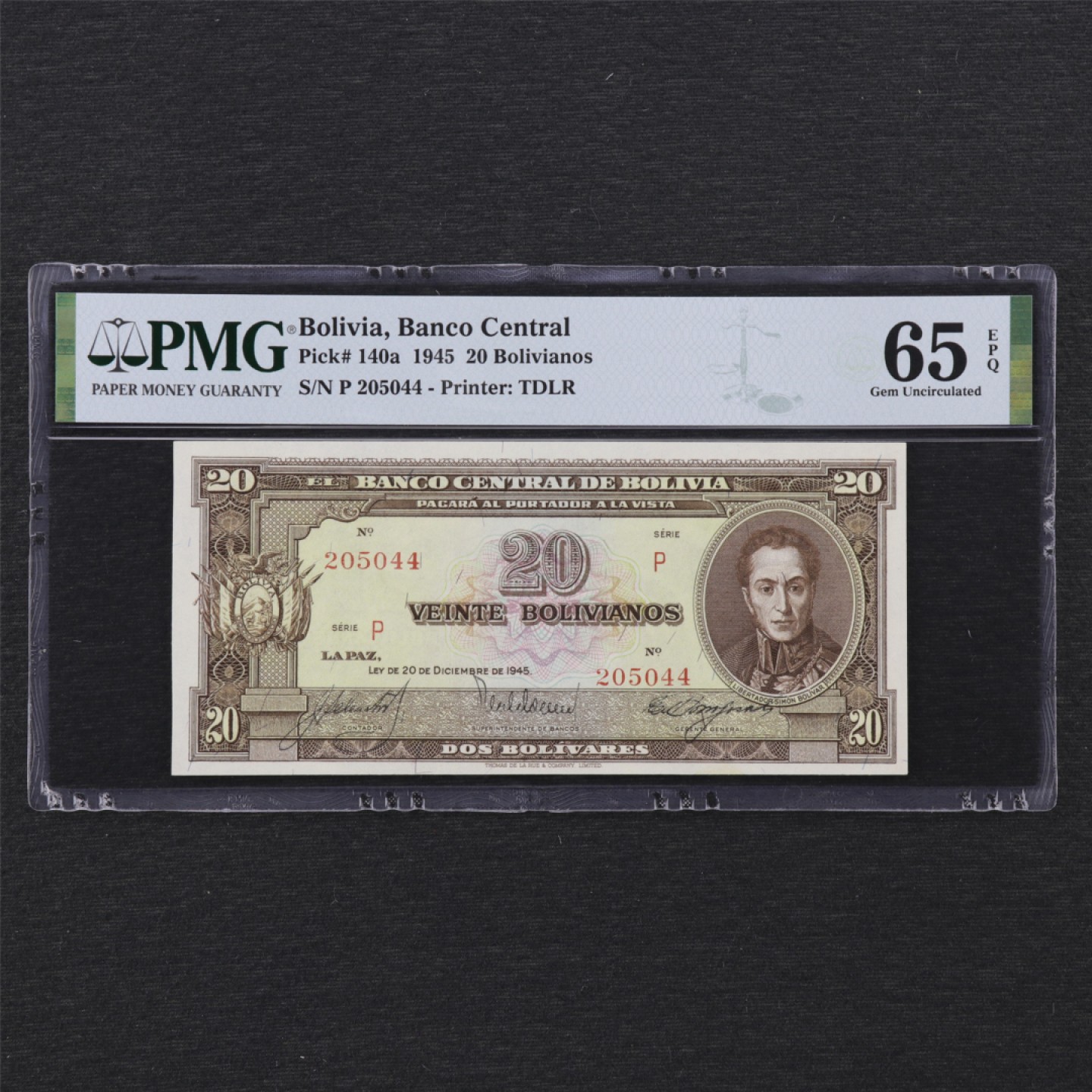 【亘邦集藏】 第162期拍卖 1945年 玻利维亚20诺PMG 65EPQ 205044